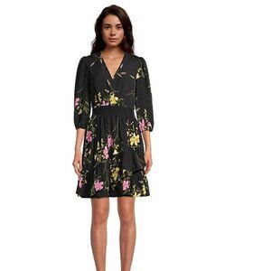 GABBY SKYE BLACK FLORAL SHIRRED SMOCKED WAIST TIERED DRESS - 8